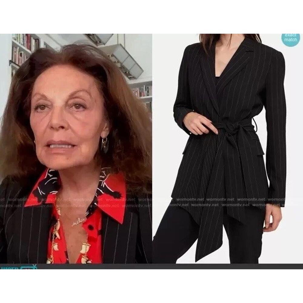 Diane Von Furstenberg Pin Stripe Blazer‎ Asymmetrical Belted Jacket Black 12